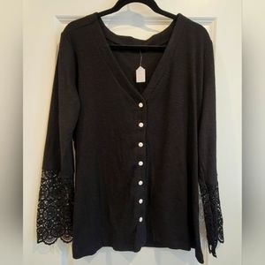 Women's Ribbed Cardigan with Lace Cuffs